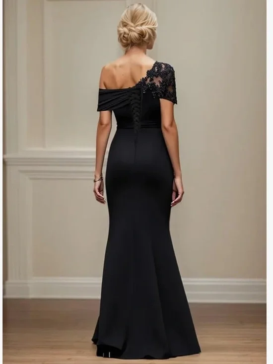 One Shoulder Mother of the Bride Formal Mermaid Dress Black Satin Wedding Guest - Picture 2 of 11